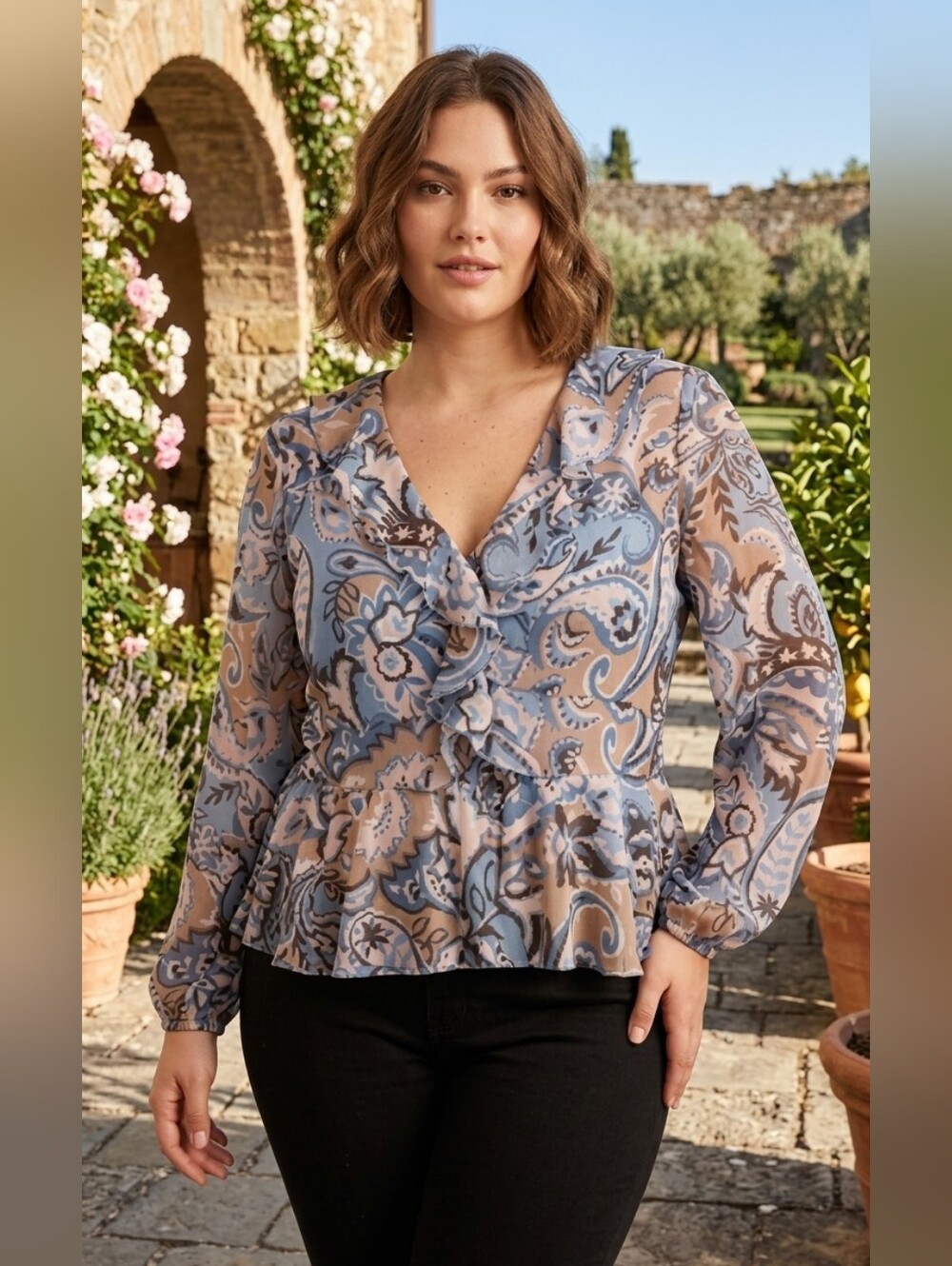 402. NWOT - Tamara H - Paisley Ruffle V-Neck Blouse